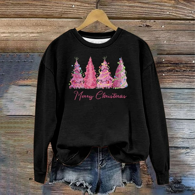 Babysbule Chemises de Noël pour Femmes Imprimé Col Rond Manches Longues Pull Ample Liquidation Hauts Mode