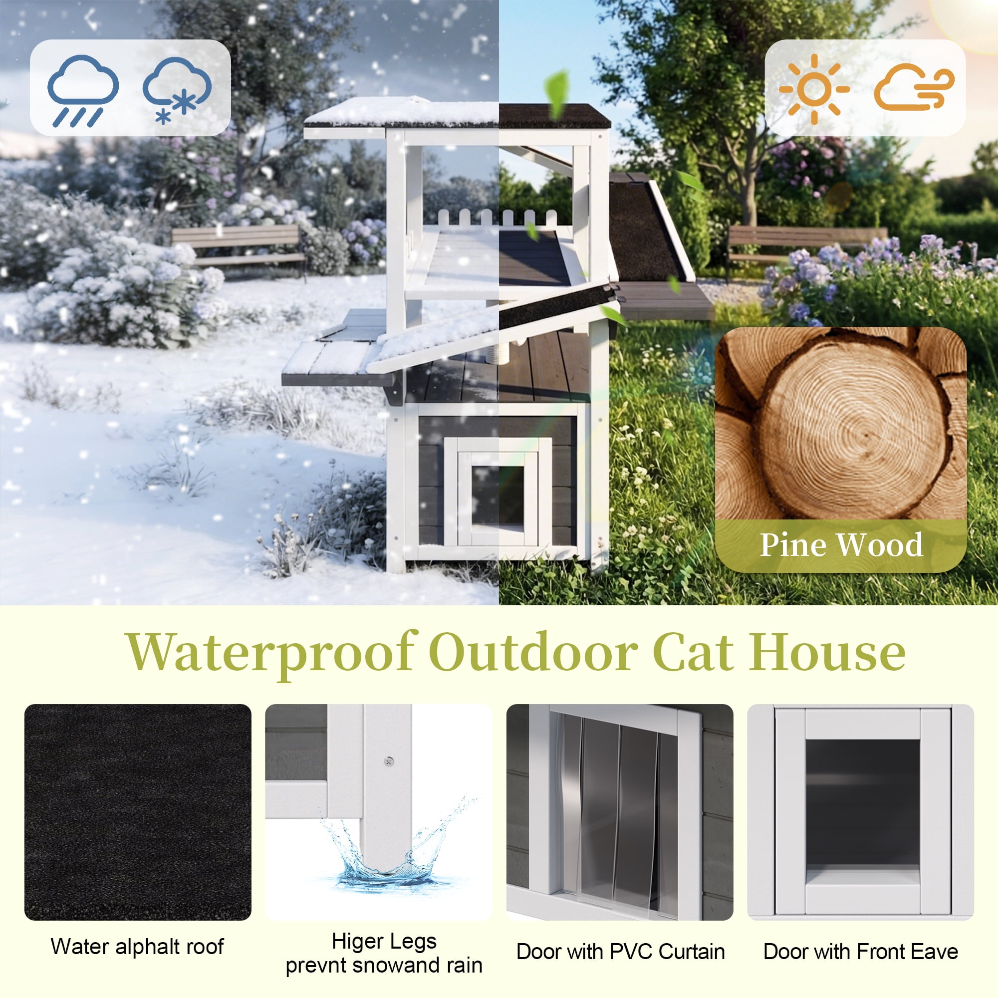 DRNANLIT 4 Tiers Outdoor Cat House, Weatherproof Cat Tree Tower with Waterproof Roof & 2 Doors, Feral Cat Shelter Outside Enclosure, Multi-Level Play Zones with Balcony, for Small Animals, Grey + Whi