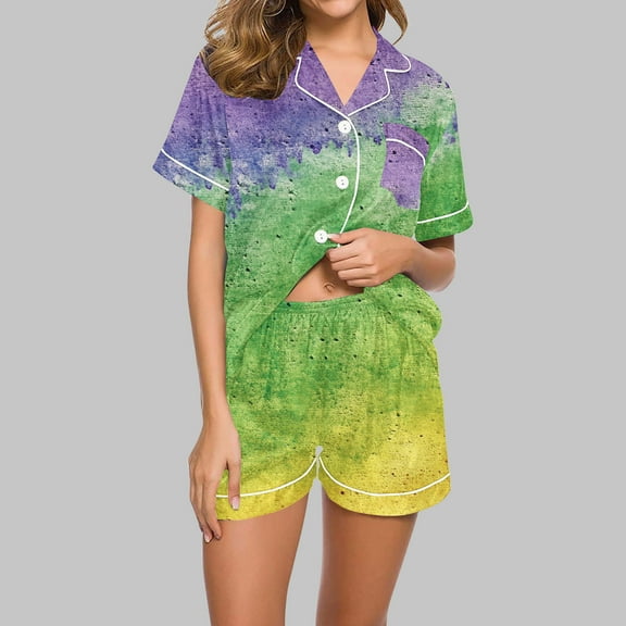 BLTIBY Womens Carnival Pajama Sets Printed Lounge Set Short Sleeve Top Shorts Fashion Comfortable Outfits with Pockets 2025 Green M