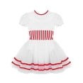 thumbnail image 4 of Yeahdor Girls Figure Skating Mesh Leotard Dress Bowknot Puff Sleeves Striped Christmas Dance Costume A Red 8, 4 of 7