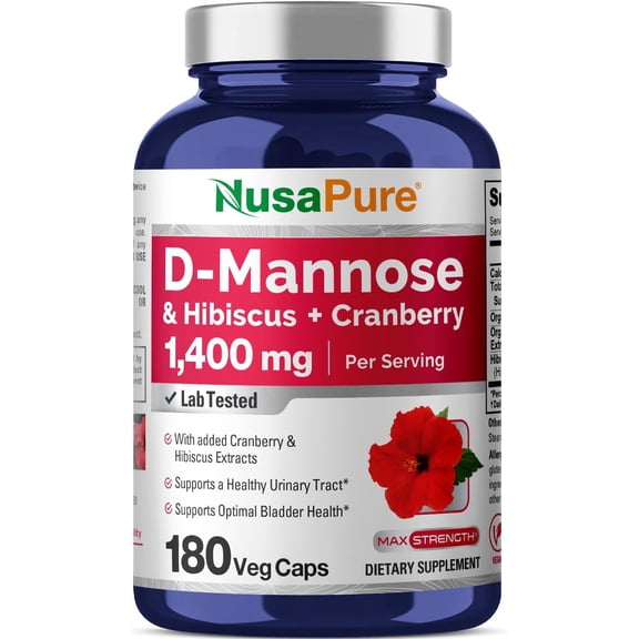 NusaPure D-Mannose Complex 1400 mg (with Hibiscus and Cranberry) - 180 Veggie Caps Non-GMO & Vegan