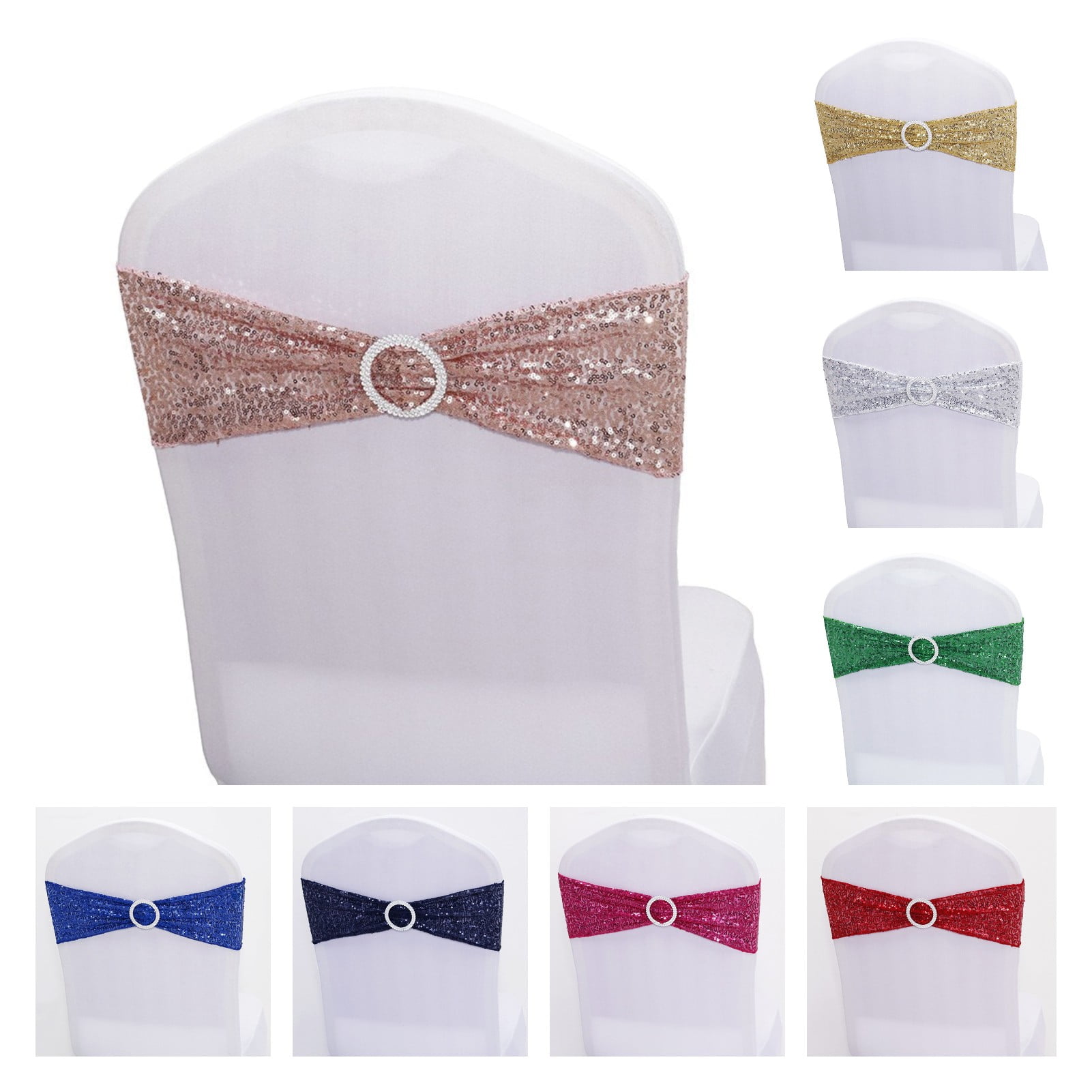 Wedding Party Decor Shiny Foil Chair Cover Sash Spandex Stretch Band Bow Buckle 