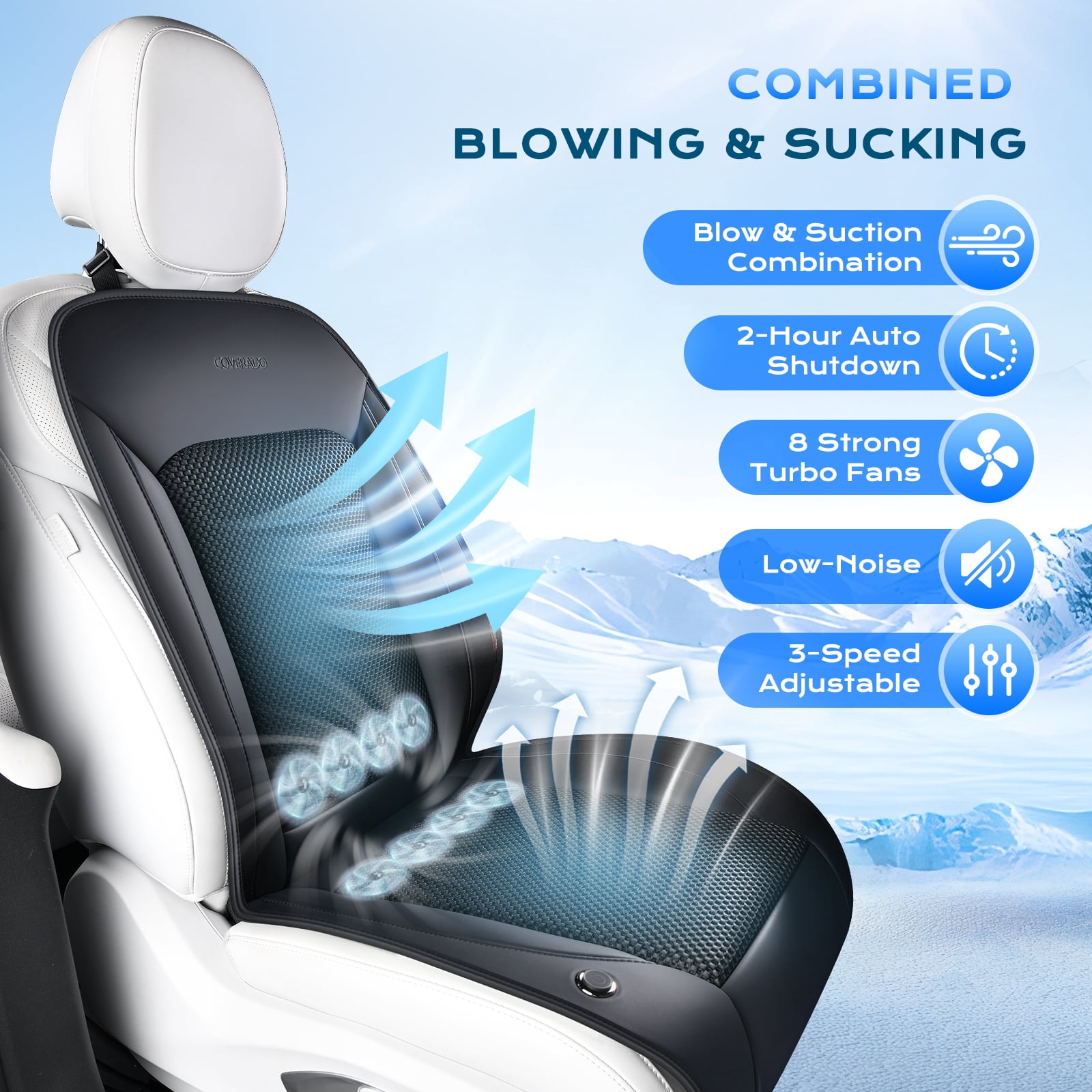 Coverado Ventilated Cooling Car Seat Cover, 12V-24V Cooling Seat Cushion with 8 Turbo Fans, Universal Fit for Car Suv Truck
