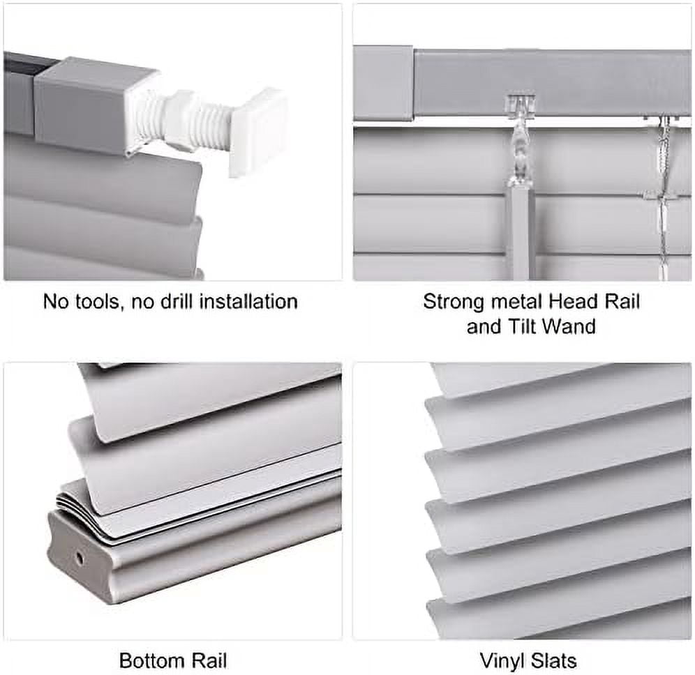 No Tools No Drill 1" Vinyl Mini Blinds, Cordless Blinds for Windows, Light Filtering Horizontal Window Blinds & Shades, 24" W x 48" H, Grey
