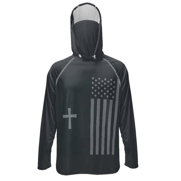 SEANATIVE Men's Long Sleeve Sun Protection Fishing Hoodie with Face Mask Breathable Lightweight Hooded Fishing Athletic Workout Shirt for 4th of July, S, American Flag Cross Gray