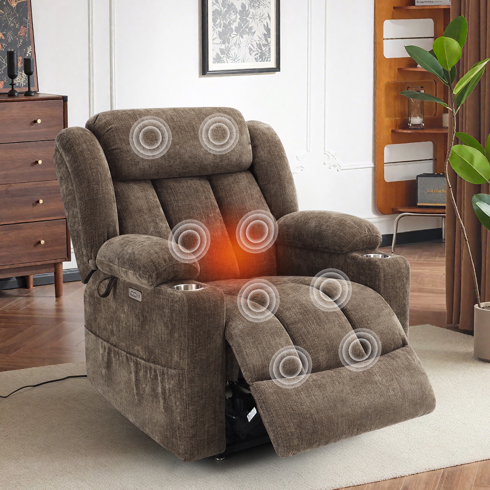 JULY'S SONG Oversized Recliner Chair with Heat and Massage, Power Lift Chairs for elderly with Cup Holders, Heavy Duty Electric Recliners for Adults with USB & Type C ports, Chenille Brown