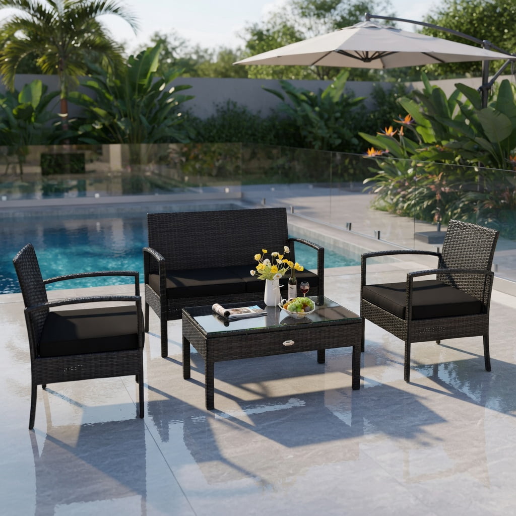 Hommoo 4-Piece Outdoor Rattan Patio Furniture Set with Cushions, PE Wicker Loveseat, Chairs & Coffee Table for Backyard, Balcony, Deck, Black