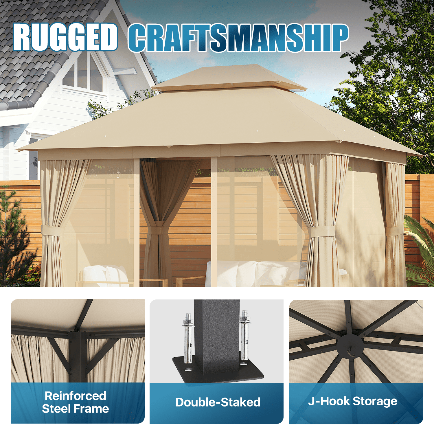 Sunmthink Outdoor Gazebo for Patio 10'x12', Metal Frame Canopy with Double Roofs, Heavy Duty Party Tent and Shelter with Mosquito Netting and Privacy Screen for Backyard,Garden,Deck (Beige)