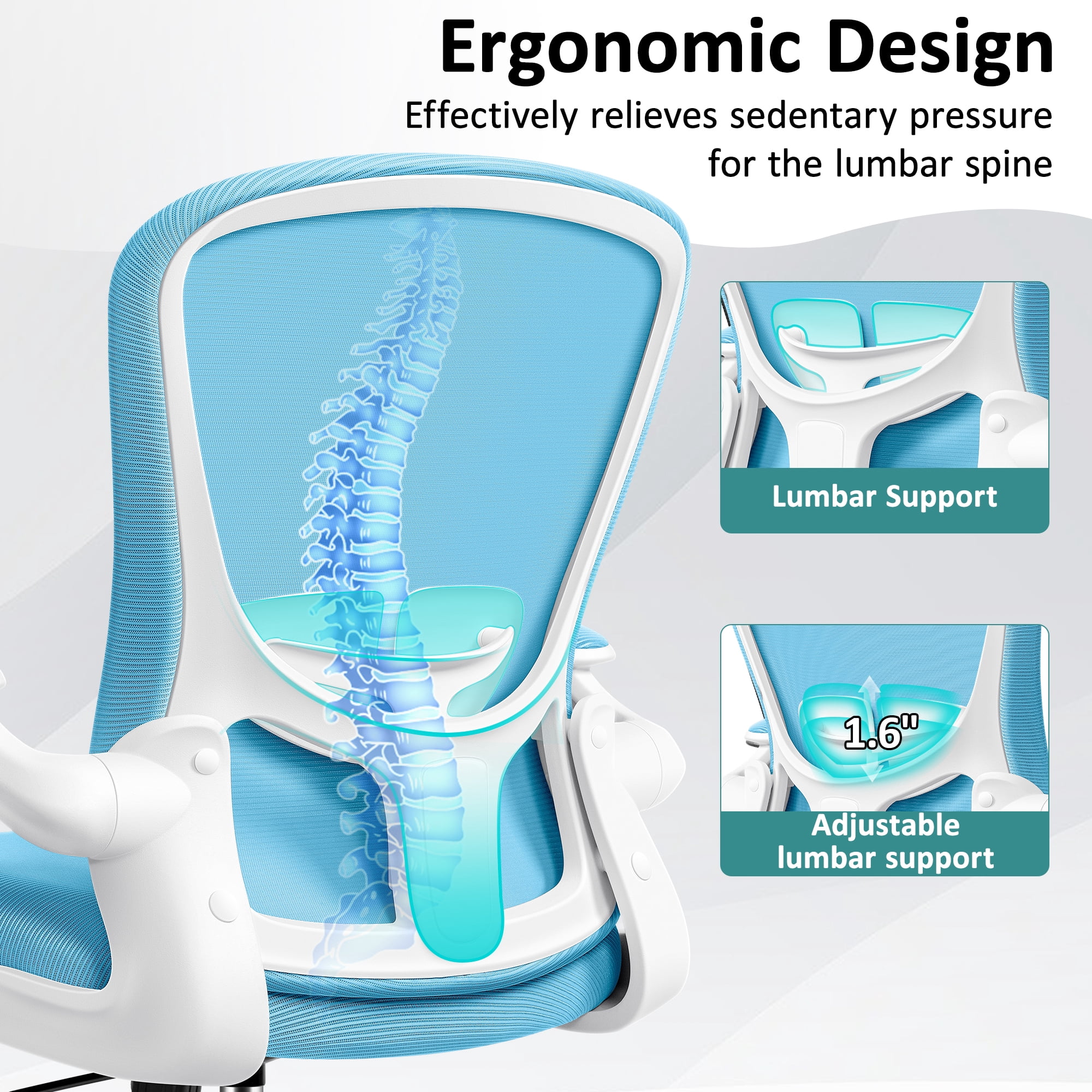COOLHUT Office Chair, Ergonomic Desk Chair with Adjustable Lumbar Support, High Back Mesh Computer Chair with Flip-up Armrests-BIFMA Passed Task Chairs, Executive Chair for Home Office，Blue