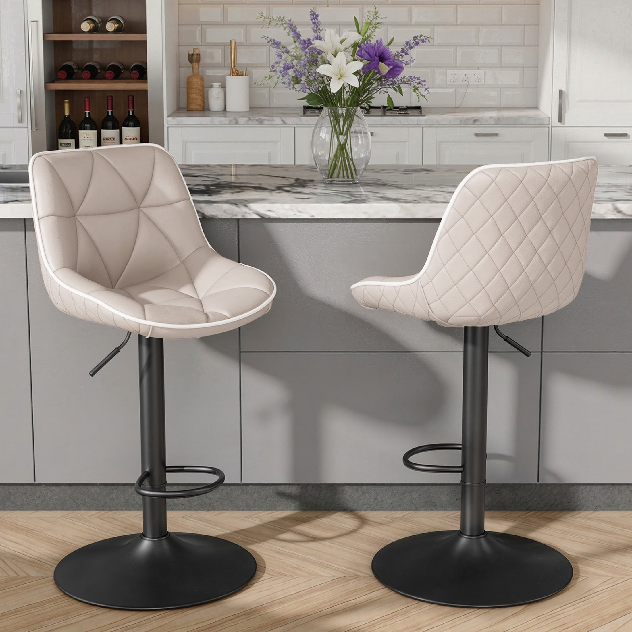 Hawsaiy Bar Stools Set of 2, Adjustable Swivel Counter Height Bar Stools with Back, Upholstered Modern Barstools with Diamond Stitching, Khaki