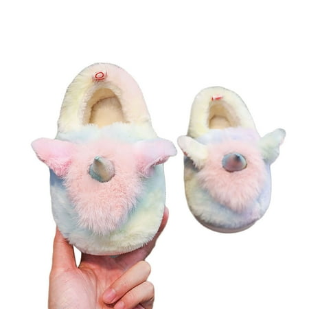 

KelaJuan Toddler Girl Winter House Shoes Soft Plush Tie-dye Unicorn Slippers/Slip-on Shoes with Anti-Skid Sole