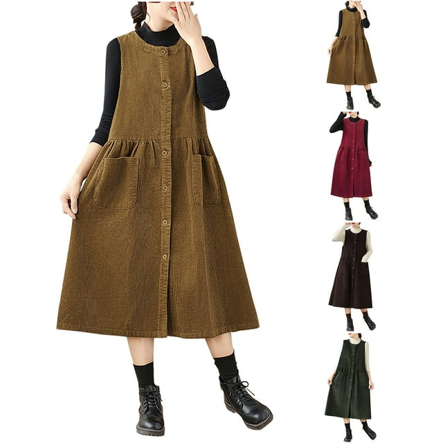 QATAINLAV Alléger Ventes du Jour Robe Débardeur en Velours Côtelé pour Femme à Boutons Décontractée Col Rond Sans Manches Robes Chasubles au-Dessus du Genou Longue Robe Salopette avec Poches Kaki TG
