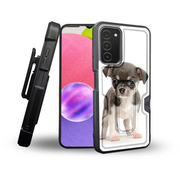 ANJ  Rugged Shockproof Holster Case Card Slot Kickstand   Tempered Glass Cover for Samsung Galaxy A03s - Chihuahua Puppy