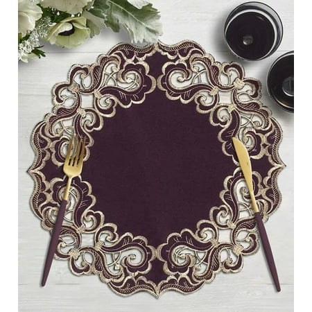 

Round Placemats - Set of 4 Handmade Doilies with European Embroidery for Wedding Receptions Kitchen Dining Room End Table Vintage Farmhouse Antique Home Decor - 15 Inches Plum Gold