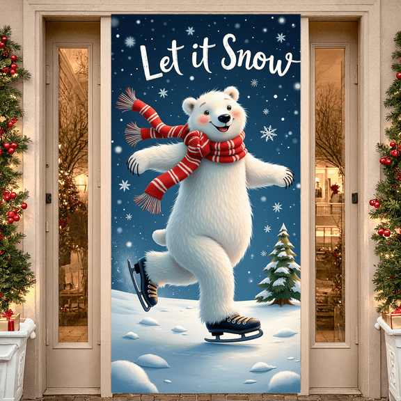 Cartoon Polar Bear Winter Banner Snowflakes Ice Skating Holiday Let it Snow for Winter Party Christmas Event Seasonal Decoration