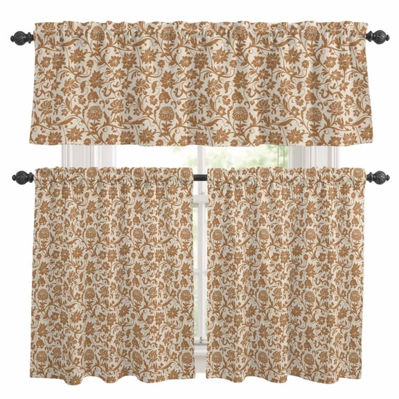 Brown Floral Kitchen Curtains Sets for Windows 36 Inch Length, Vintage Rustic Flowers Botanical Spring Rod Pocket Window Treatments Tier Curtains and Valances Set for Bedroom/Bathroom