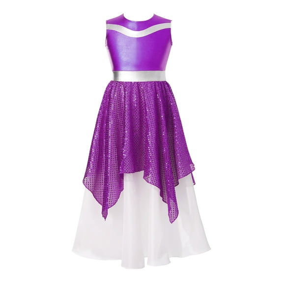 CHICTRY Kids Girls Lyrical Dance Dress Sleeveless Metallic Celebration of Spirit Dance Dress Tunic Praise Worship Gown Purple 6