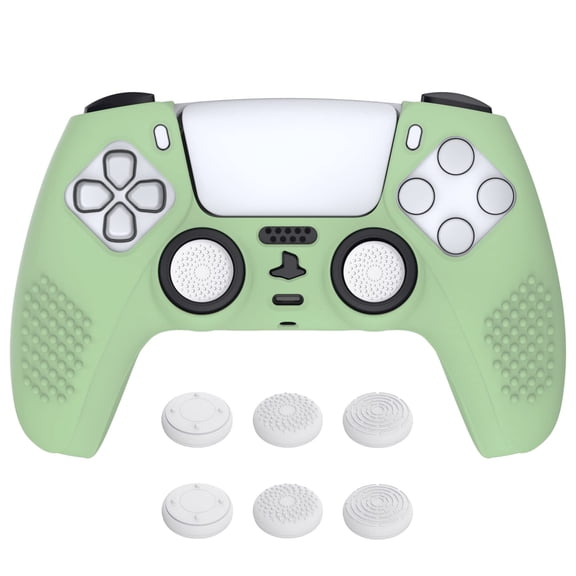 PlayVital Matcha Green 3D Studded Silicone Case for PS5 – w/ 6 Thumbstick Caps & Charging Station Compatible