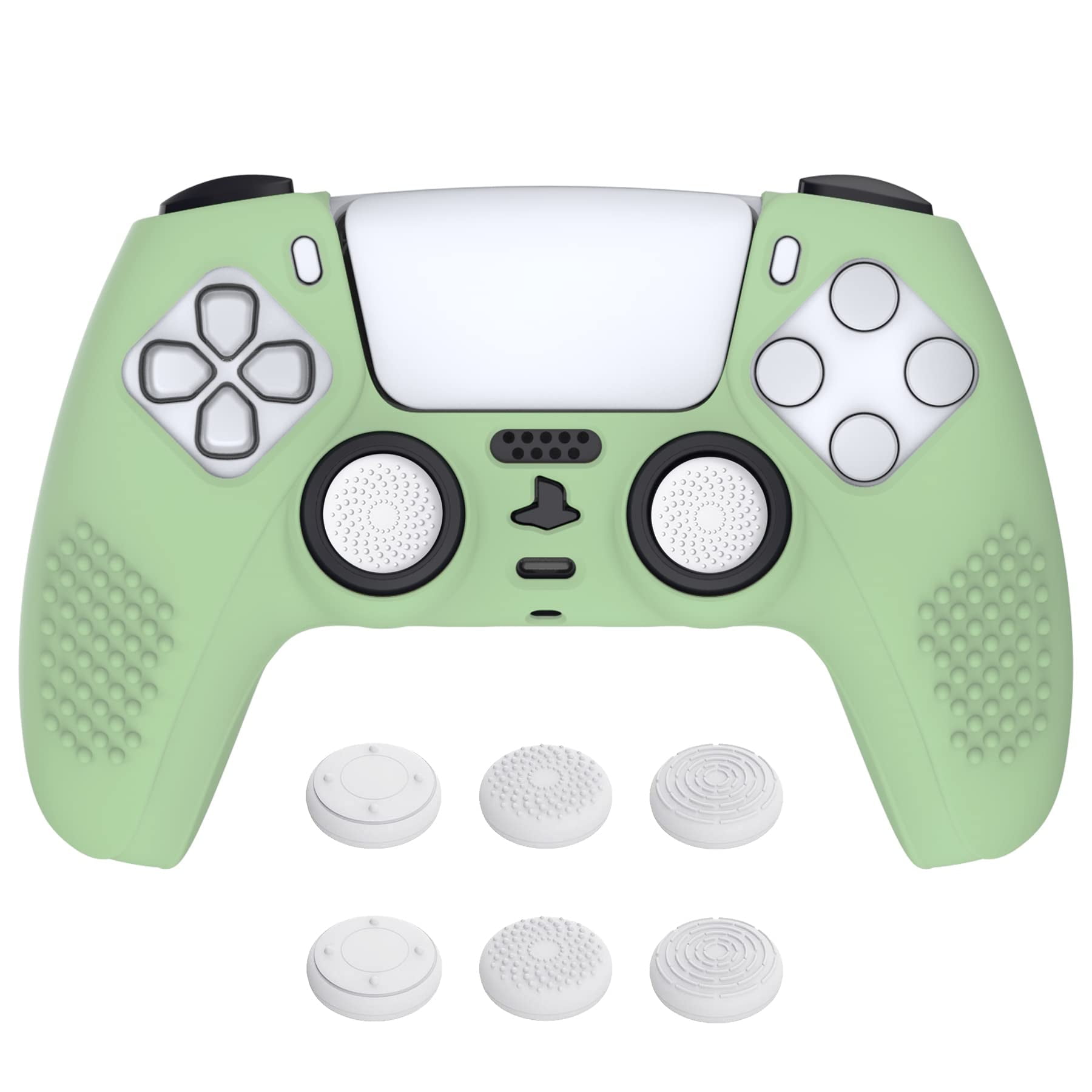 PlayVital Matcha Green 3D Studded Silicone Case for PS5 – w/ 6 Thumbstick Caps & Charging Station Compatible
