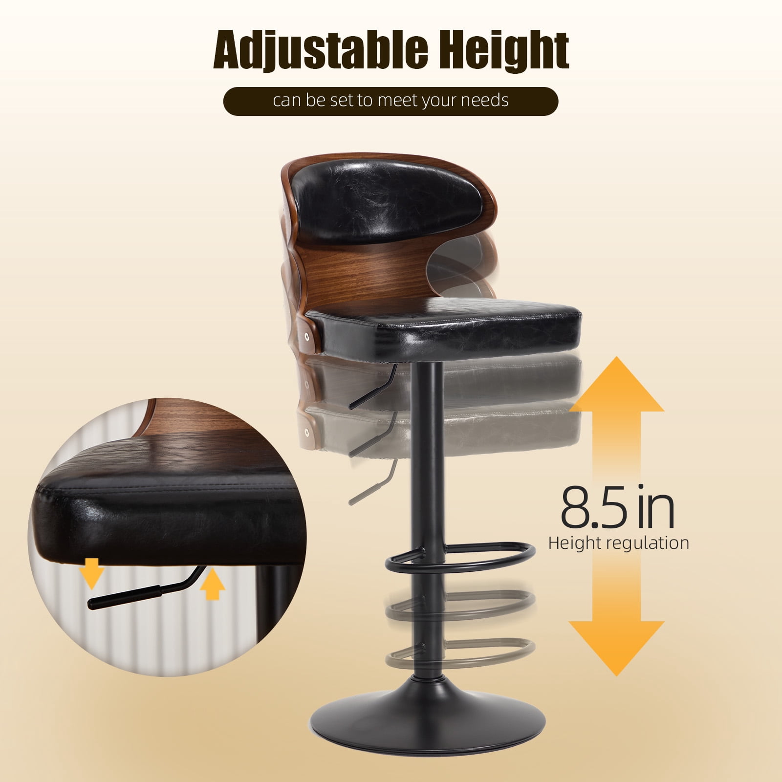 MOONMISS Swivel Bar Stools Set of 2, Wooden Kitchen Bar Chairs with Back, PU Leather Counter Height Barstools for Kitchen Island,