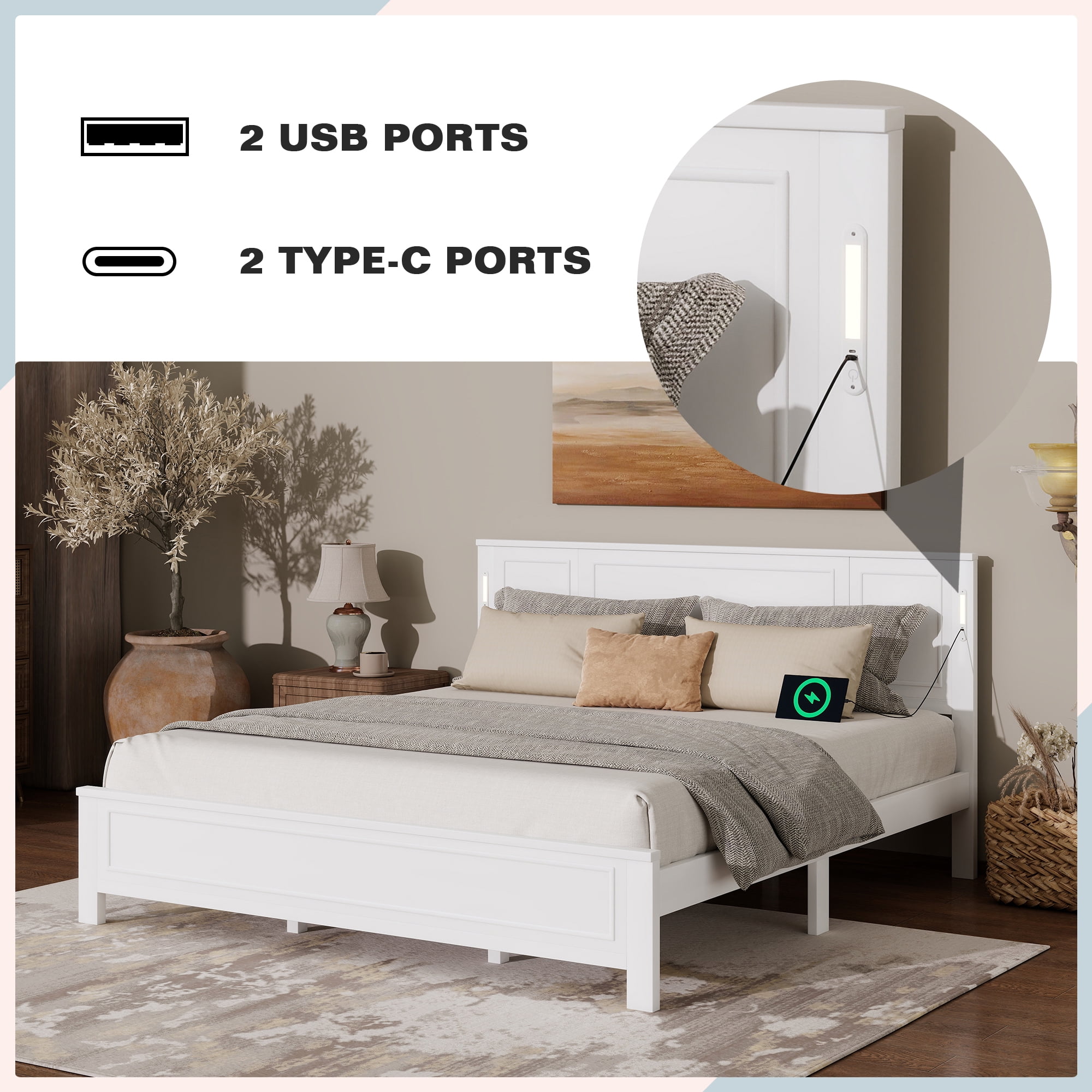 Aukfa King Size Bed Frame with LED Headboard, USB & Type-C Charging Station, Farmhouse Solid Wood Platform Bed with Pinewood Slat Support, White