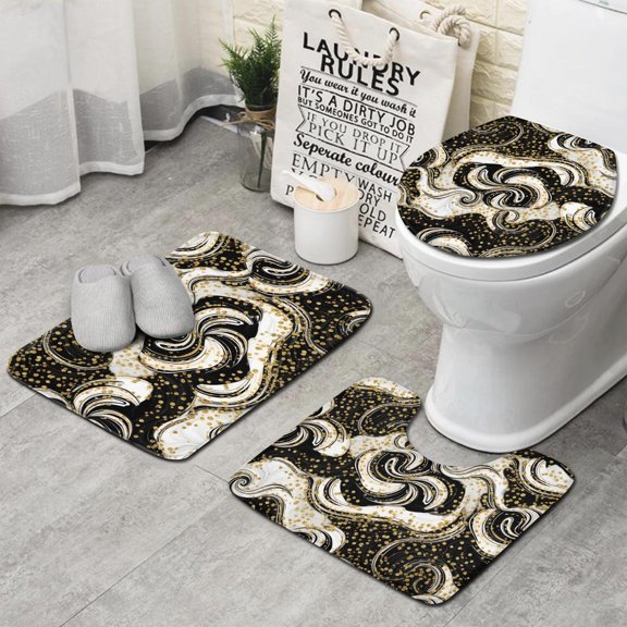 Black Marble Gold Dot Pattern Bathroom Rugs Sets 3 Piece,Toilet Cover Set,Absorbent Non Slip Bathroom Mats Sets with U-Shaped Contour Rug Toilet Rug Set