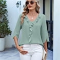 thumbnail image 5 of Womens Dressy Casual Blouses 3/4 Sleeve V Neck Ruffle Tops Business Ladies Summer 2025 Work Shirt Light green XL, 5 of 7
