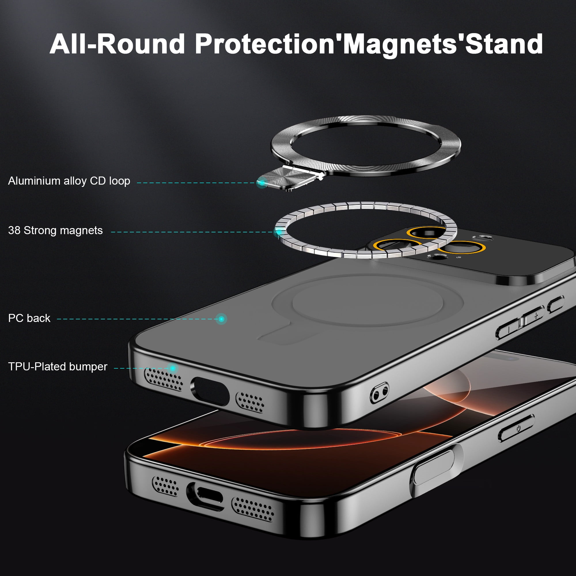 JETeacka Magnetic Case for iPhone 16 Pro with Stand MagSafe Compatible Camera Protection Military Drop Protection Not Yellowing Slim Cover, Black