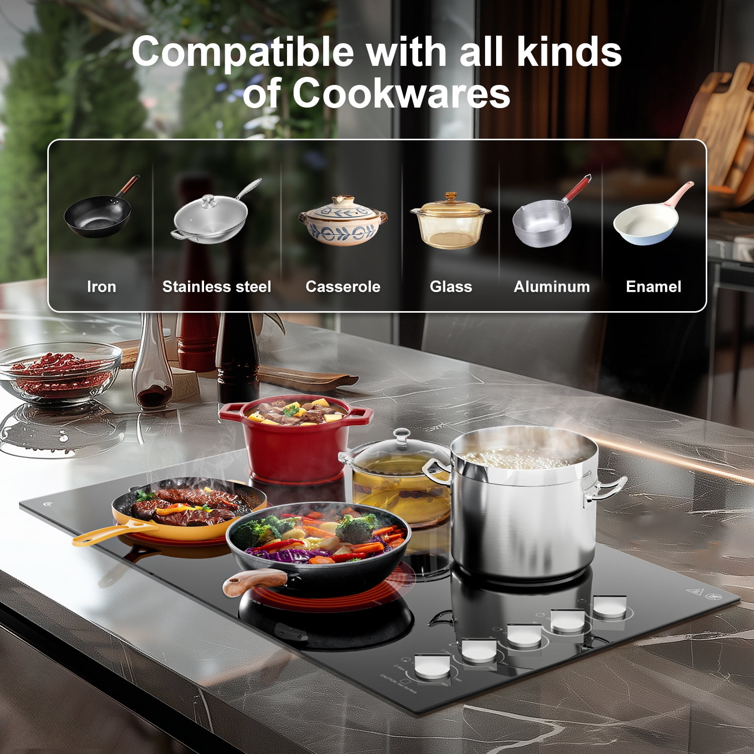 5 Burner Electric Stove, Sunmaki 36 inch Built-in Electric Cooktop 8900W Power Control by Knob for Home/Restaurant, 220V-240V