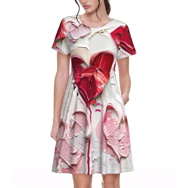 Disketp Textured Heart Abstract Art para Vestido de Manga Corta para Mujeres, Vestidos de Verano para Mujeres, Casual y Holgado para la Playa