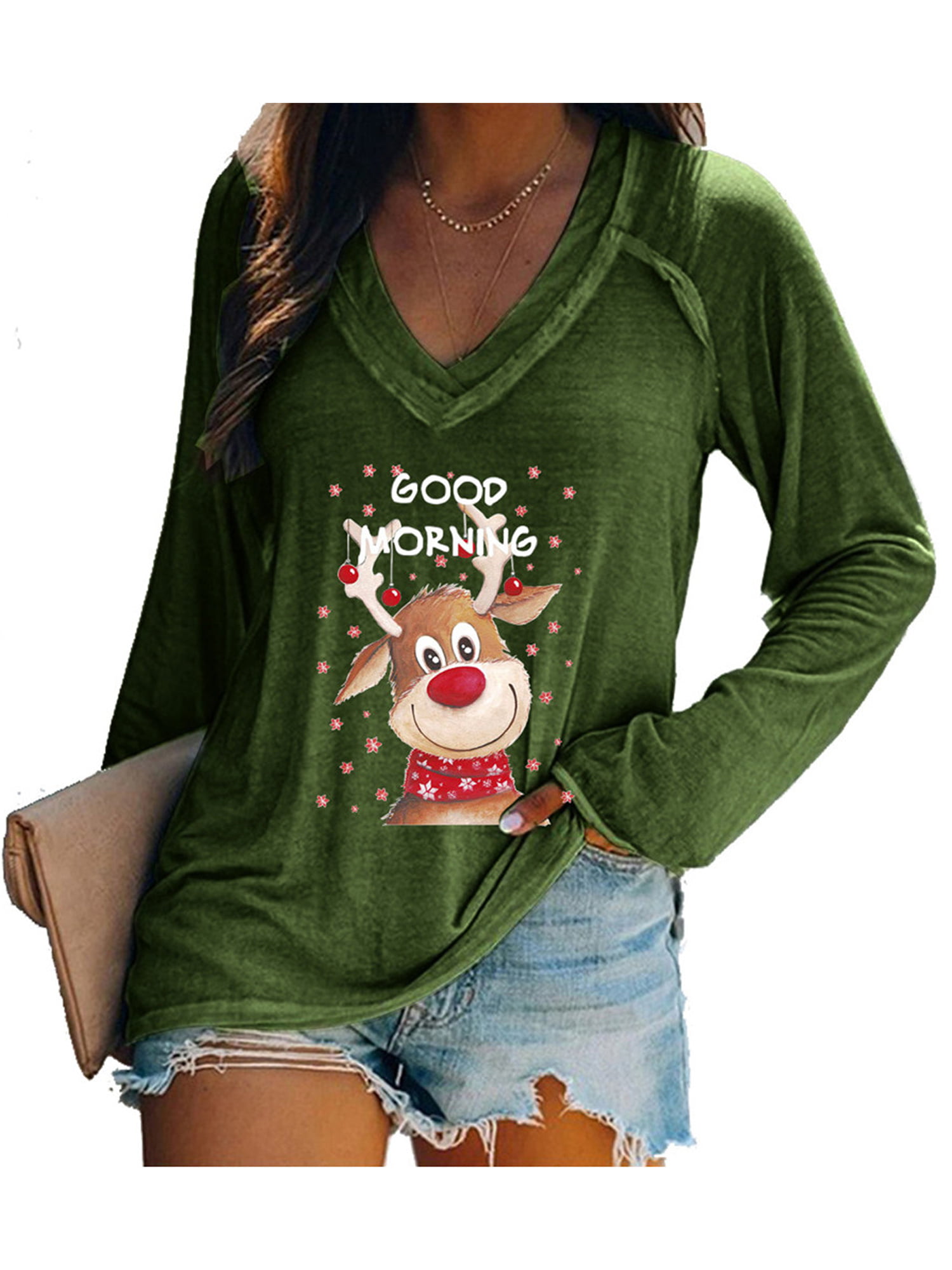 Womens Christmas Blouse Xmas Elk Print Pullover T Shirts Dress Loose Long Tops