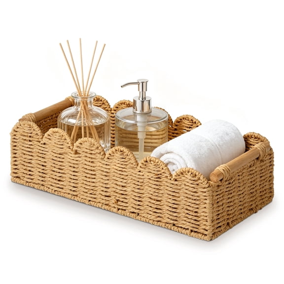 Domaci Toilet Paper Storage Basket with Wooden Handles, Scalloped Decorative Wicker Basket for Bathroom, Bedroom & Home Decor, Neutral
