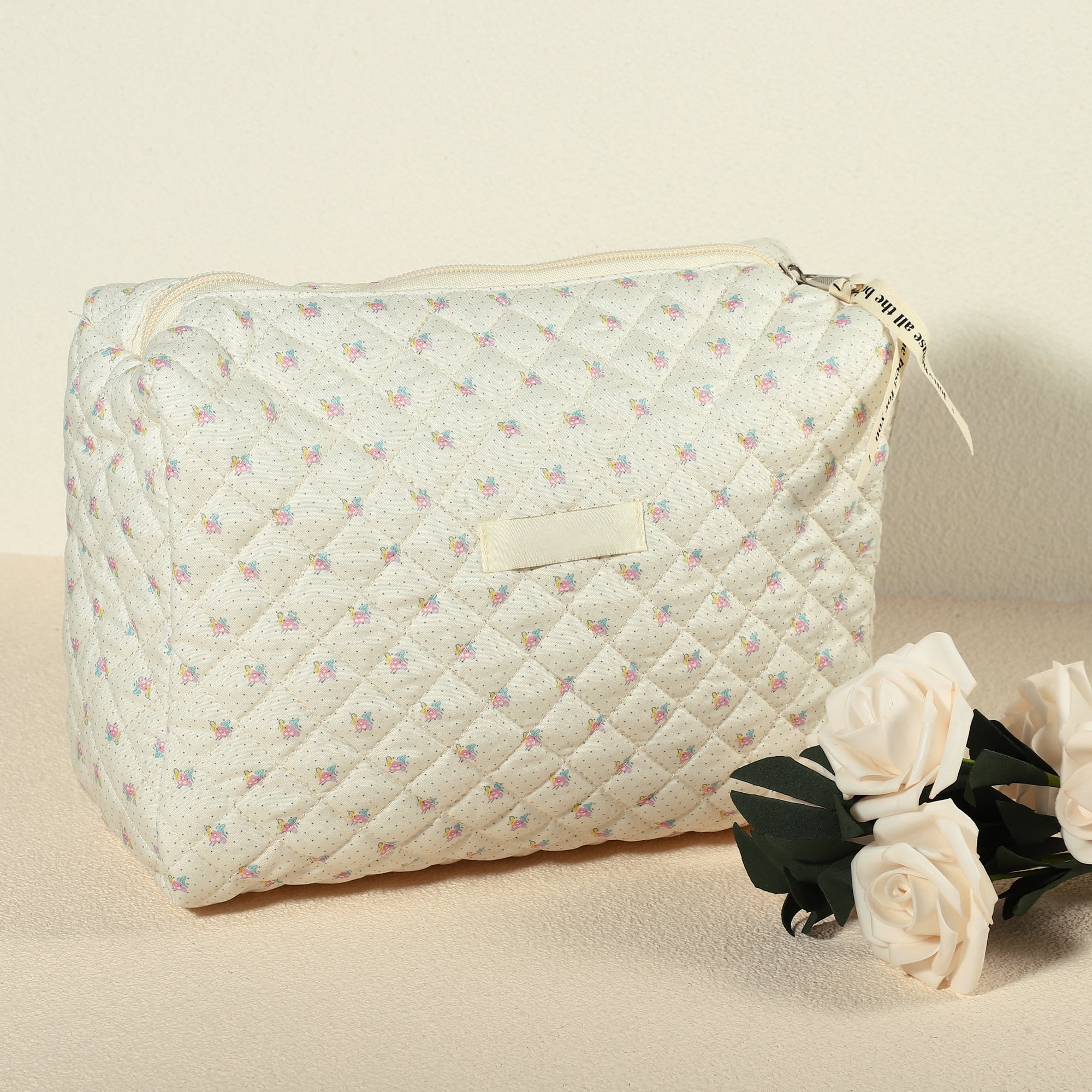 Unique Bargains Large Travel Cosmetic Pouch Quilted Toiletry Cotton Makeup Bag Beige