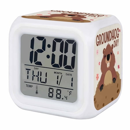 Groundhog Day Digital Alarm Clock for Bedrooms,Smart LED Alarm Clock with 7 Color Night Light,Pink Cherry Blossom Cartoon Animals Vintage Silent Wake Up Clocks for Sleep Study Cooking 3.2x3.2