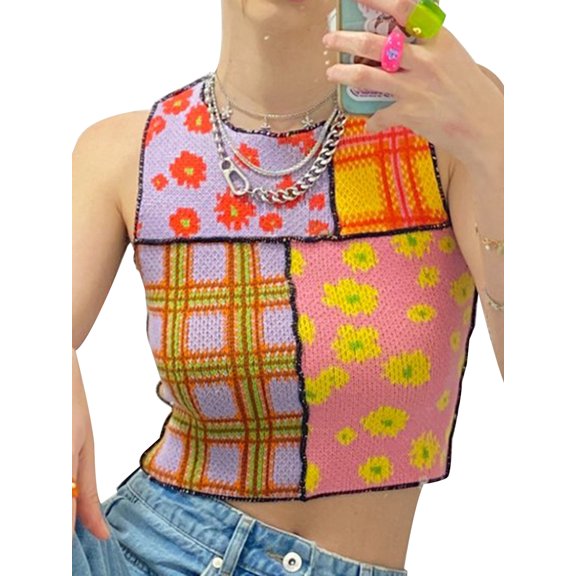 KOMOO Women Summer Knitted Vest Contrast Color Flower Crop Tops Sleeveless Round Neck Tank Tops