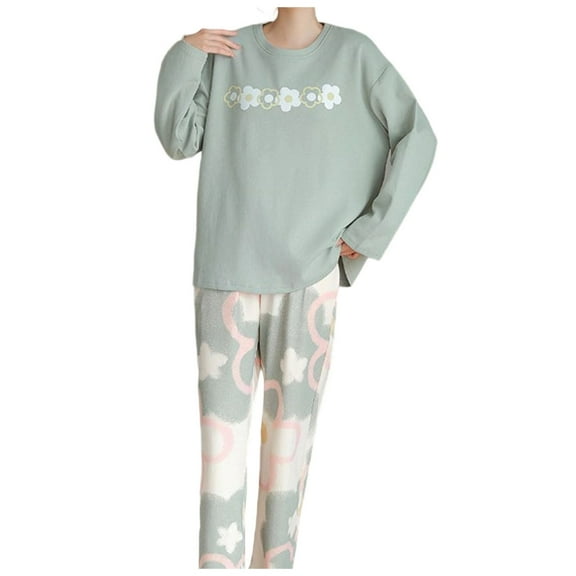 XIAONU Womens Pajama Sets Flower Print Round Neck Top With Built-In Bra Long Sleeve And Pants Set Baggy Fitting Pullover Two Piece Homewear