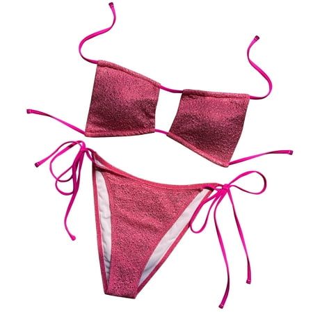 Fesfesfes Ladies Swimwear Sexy Sling Reflective Bikini Women Two-Piece Set Swimsuit Solid Color Lace Up Thong Bottom Beachwear Gifts for Her