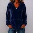 thumbnail image 2 of Women Velvet Velour V‑Notch Hooded Pullover Sweatshirt, Vintage Loose Relaxed Solid Plain Fall Top with Drawstring Hood & Kangaroo Pocket Navy,S, 2 of 5