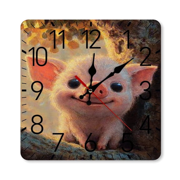 RKSupls 1010inch Square Silent Wall Clock Wooden Frame, Cute Piglet Smile Scale Decorative Clock for Home Bedroom Living Room Office