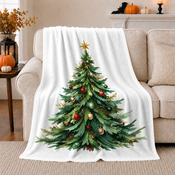 Printed Flannel Throw Blanket with Vintage Christmas Tree