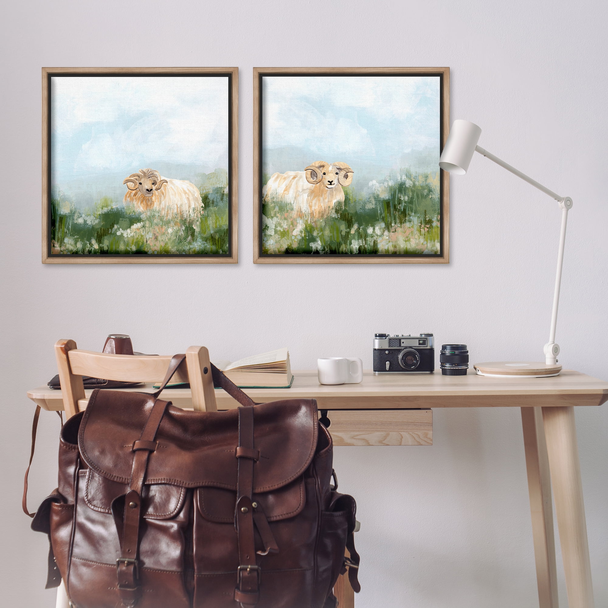 Stupell Industries Curly-Horned Sheep Field Animals Painting Brown Floater Framed Canvas Art Print Wall Art, 25 x 25, Set of 2