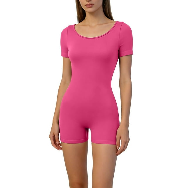 Yigetop Combinaison de Sommeil Extensible Col Rond Manches Courtes Côtelée Ajustée Confortable Quotidienne Décontractée Maison & Extérieur Pyjama Combinaison Rose G