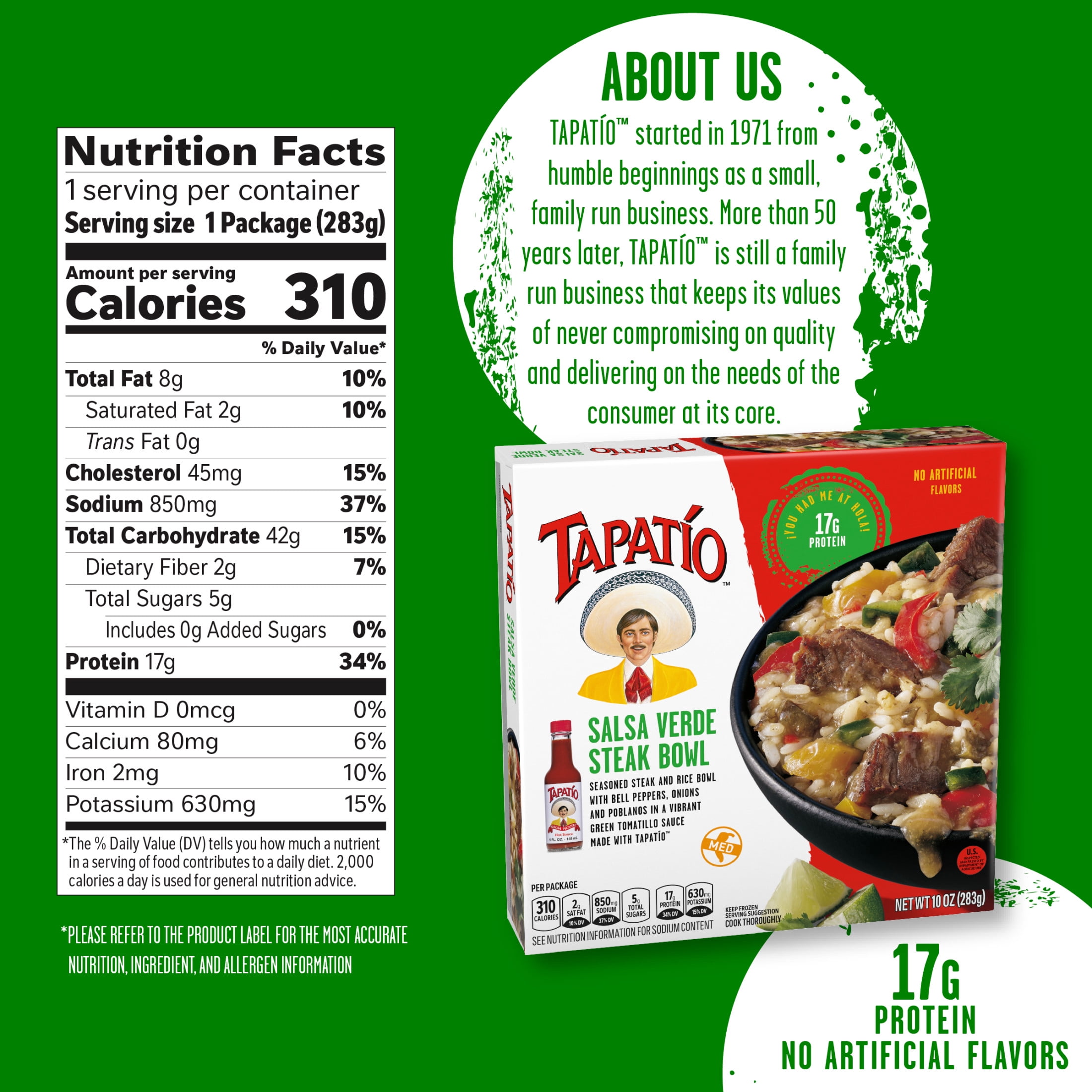 Tapatio Salsa Verde Steak Bowl Mexican Microwave TV Dinner with Tapatio Hot Sauce Entree Food Meal, 10 oz (Frozen)