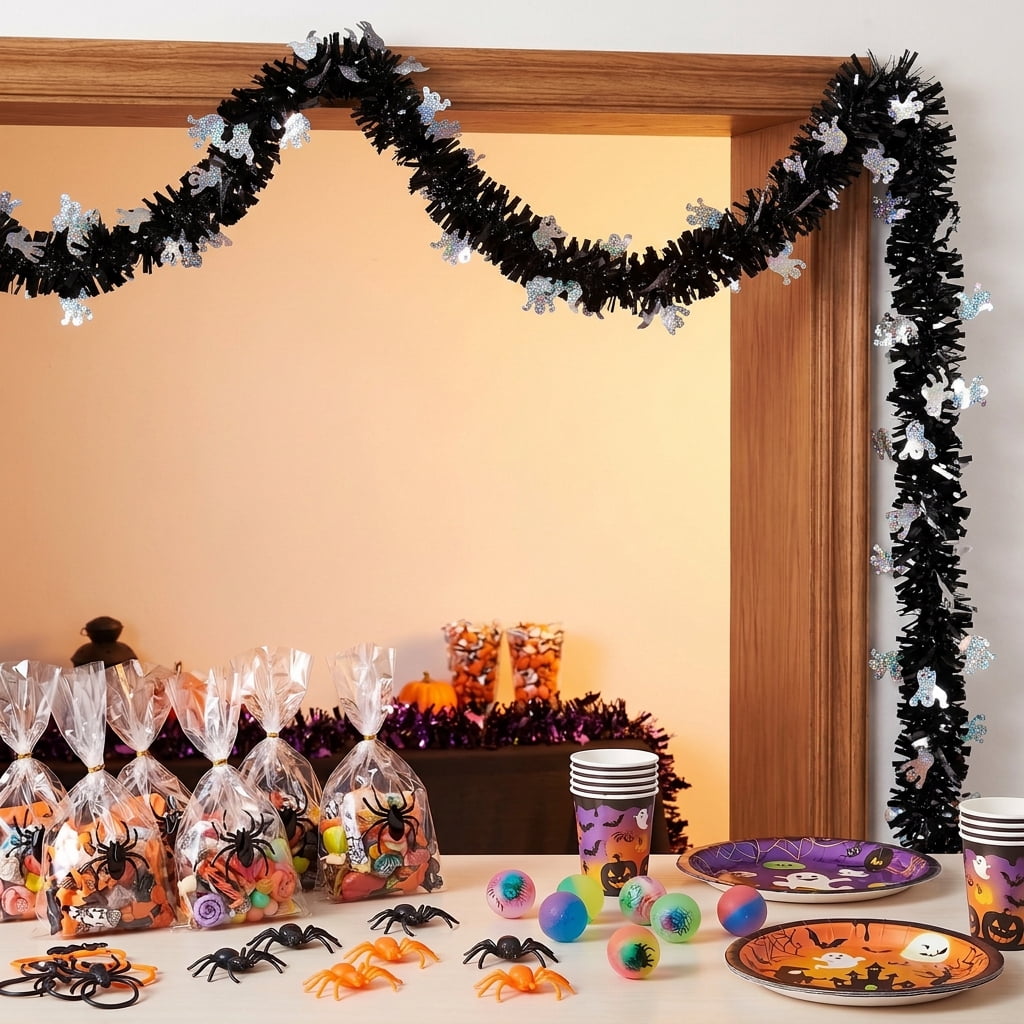 Tinsel Garland with Ghost Cut-Outs, Silver and Black, 12', Halloween by Way To Celebrate