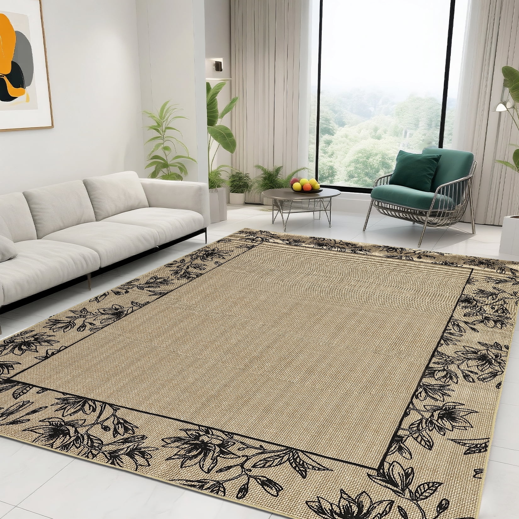 Garvee 5'x7' Solid Floral Area Rugs Modern Bordered Washable Rugs, Soft Non Slip Carpet Low Pile Rug for Living Room Bedroom Home Decor, Linen