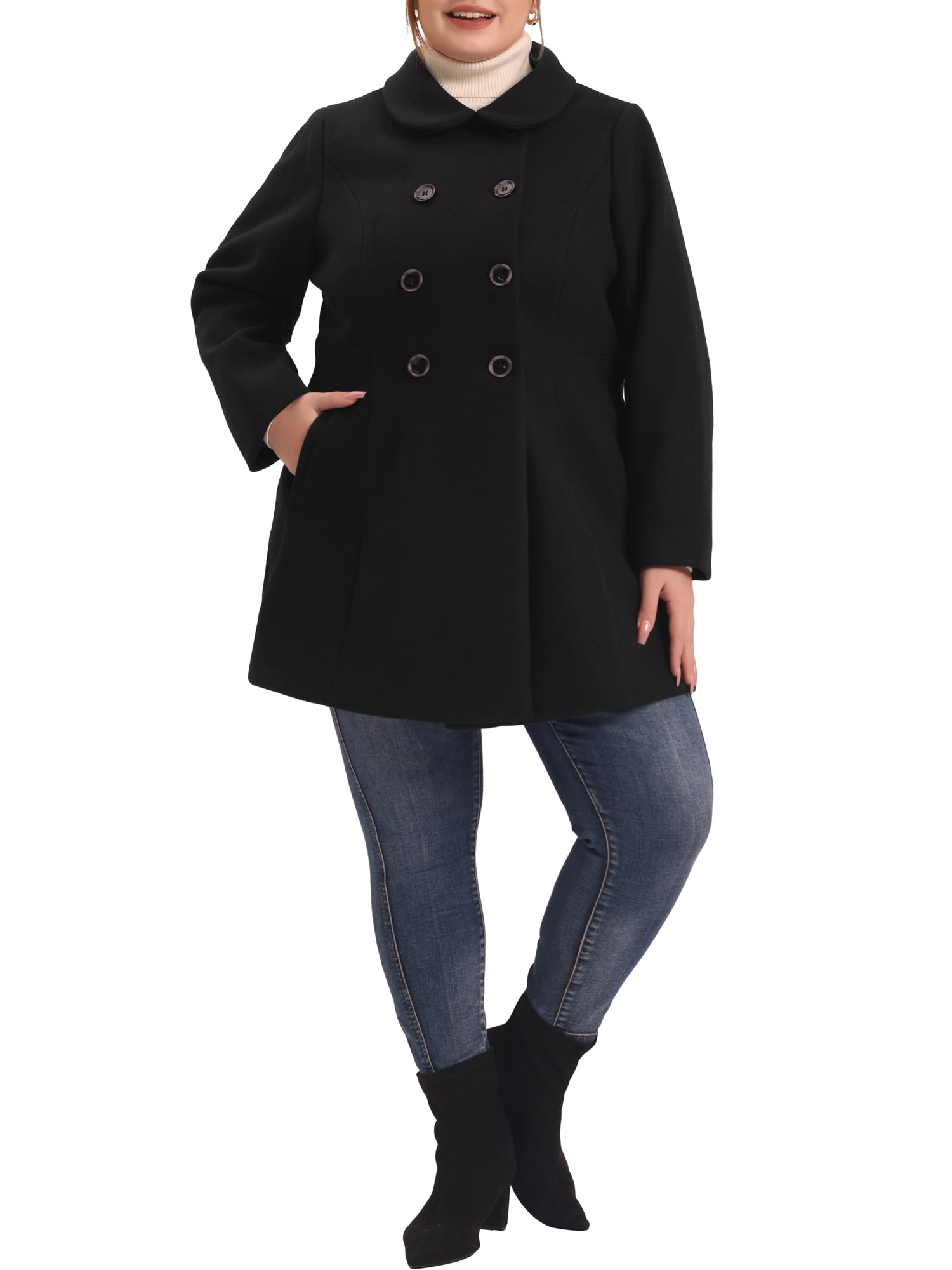Unique Bargains Women's Plus Peter Pan Collar Double Breasted Winter Long Outerwear Coats 1X Black