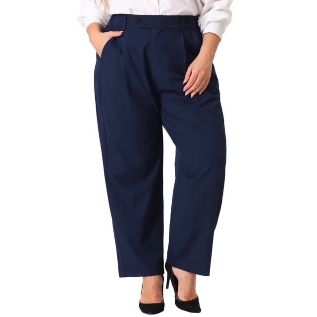 Unique Bargains Women's Plus Size High Elastic Waisted Business Work Trousers Long Straight Suit Navy Blue 3X