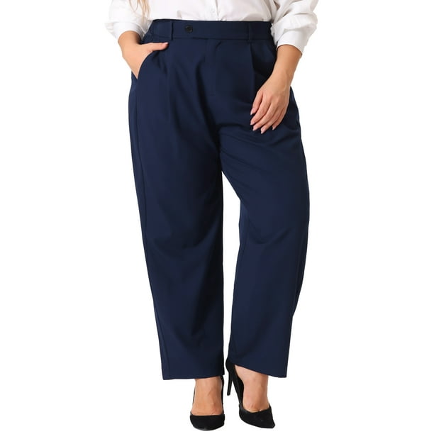 Conjuntos de trabajo de oficina para mujeres de talla grande Agnes Orinda, pantalones de negocios casuales rectos de cintura alta con bolsillo 2X azul marino