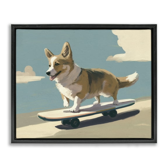 Stupell Industries Skateboarding Corgi Dog Animals Painting Black Floater Framed Canvas Art Print Wall Art, 21 x 17