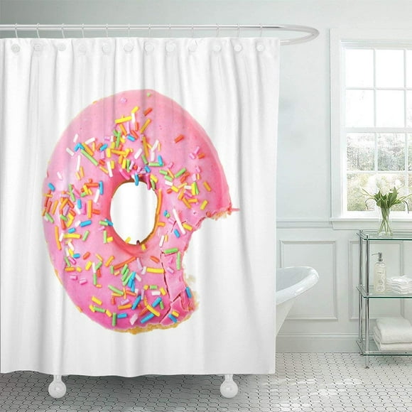 BSDHOME Pink Cake Bitten Strawberry Donut Colorful Sprinkles Top View Shower Curtain 60x72 inches